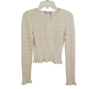 NWT Zara Crochet Style Stretchy Cream Ivory Boho Top Small Grandmacore